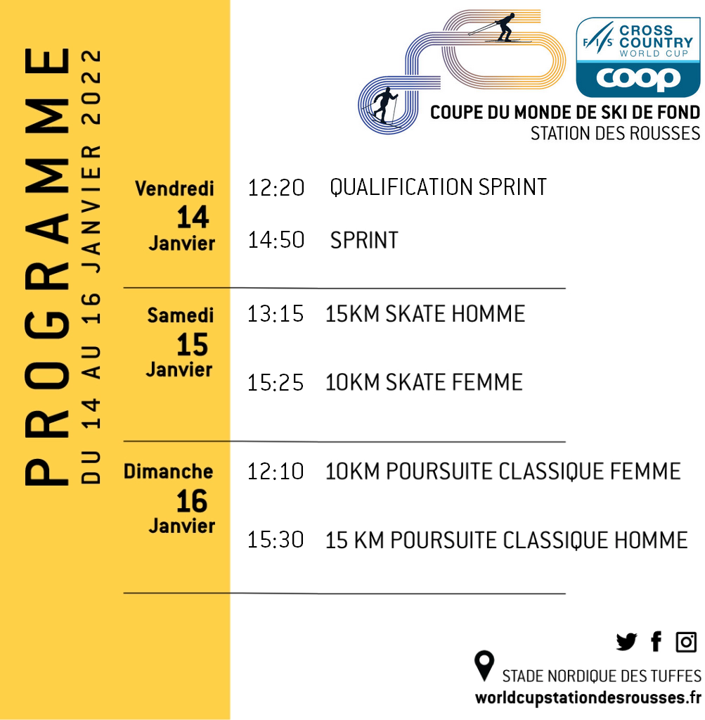 Programme détaillé des 3 jours de compétition de la coupe du monde de ski de fond qui a eu au Stade Nordique des Tuffes à Prémanon dans le Jura.